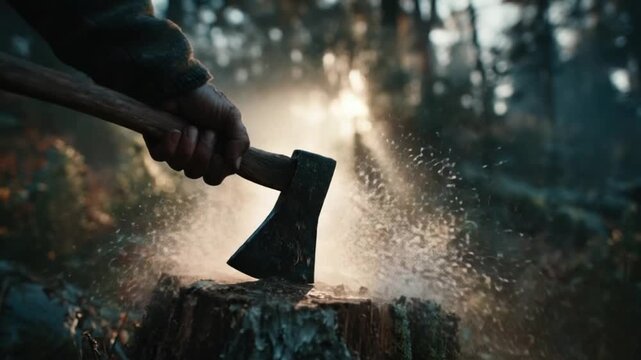 Axe descends, striking a tree stump. Wood chips and dust rise, illuminated by sunlight in a forest scene