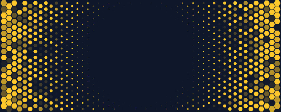 Hexagon Background Glowing Honeycomb Pattern In Yellow Blue Colors for AI, Tech Digital Forum and Conference Ad Presentation. Hexagonal Modern Texture. Halftone Gradient Backdrop. Vector Abstract BG - Powered by Adobe