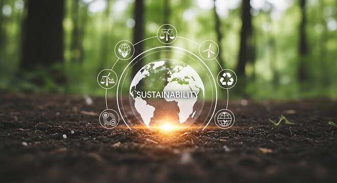 Digital earth with sustainability icons and glowing light on forest floor, representing environmental protection and ecofriendly concepts - Powered by Adobe