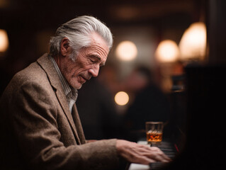 Elegant older man plays piano in a dimly lit bar.  Evokes sophistication, experience, and passion. Perfect for themes of music, aging, lifestyle, and relaxation.