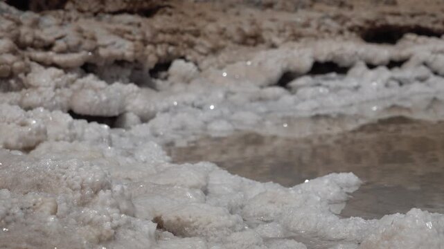 Close-up of salt crystals and small pool of water in Chott el Djerid, the largest (mostly dried up) salt pan in the Sahara, natural scenery in Tunisia