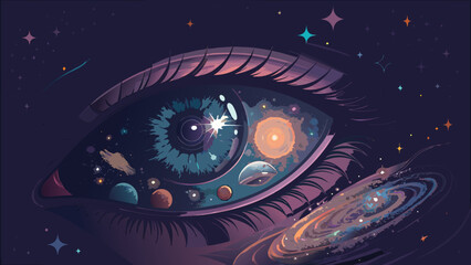 Cosmic Eye: A universe within, surreal vision of space, planets, and galaxies reflecting in a captivating eye, inspiring wonder and imagination.