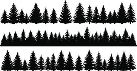 PrintCollection of dense evergreen forest tree silhouette borders featuring pine and fir woodland elements, natural landscape vector design for backgrounds