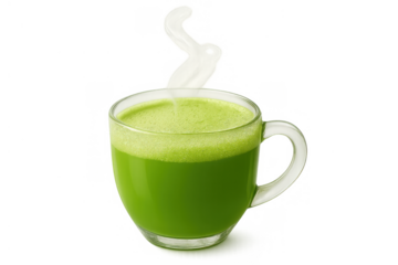 Warming matcha green tea latte in a clear glass mug with steam rising, enjoying a healthy hot beverage