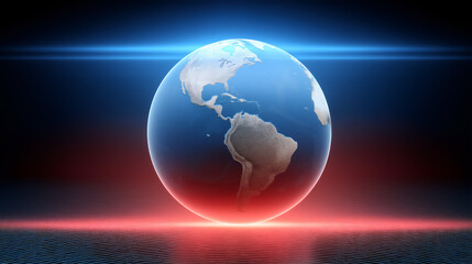 Futuristic digital globe illuminated by red and blue neon lights on a dark background, symbolizing global technology, innovation, communication and modern digital networks.