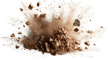 Brown powder exploding outward, dynamic dust burst effect with fine particles and scattered chunks.