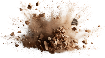 Brown powder exploding outward, dynamic dust burst effect with fine particles and scattered chunks.