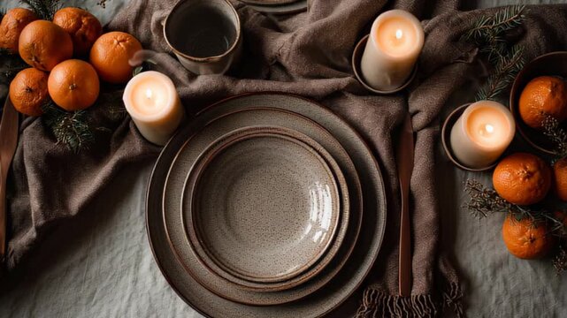 minimalist Christmas table with earthy ceramic plates, cloth in mocha brown, oranges and candles as decoration