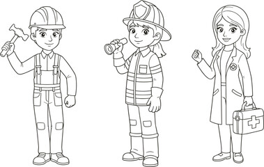 PrintCute cartoon characters of construction worker, firefighter, and doctor, professional kids illustration, occupations line art drawing for education and coloring pages