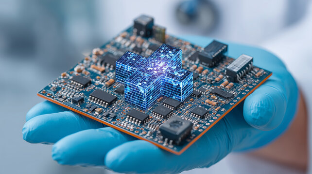 Doctor hand holding an electronic circuit board with a digital medical cross highlighting healthcare technology innovation, smart diagnostics and advanced electronic medical devices.
