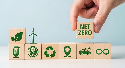 Hand placing a wooden block with net zero text on a line of blocks with environmental icons, symbolizing sustainability and climate action goals