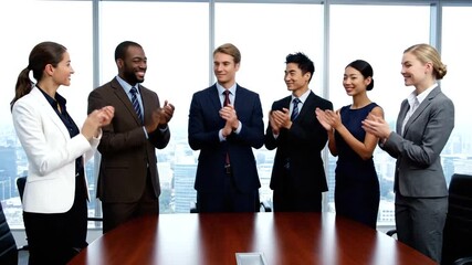 Celebrating Success: Diverse business team applauds in a modern office setting with city view,