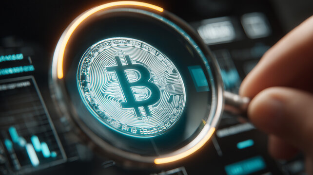 In depth investigation of a bitcoin coin under a digital magnifying glass on a trading interface, representing cryptocurrency analysis, market research and blockchain security oversight.
