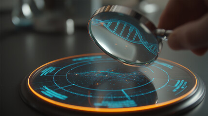 High precision analysis of a glowing DNA strand under a digital magnifying glass, symbolizing genetic testing, genomics research and personalized medicine innovation.