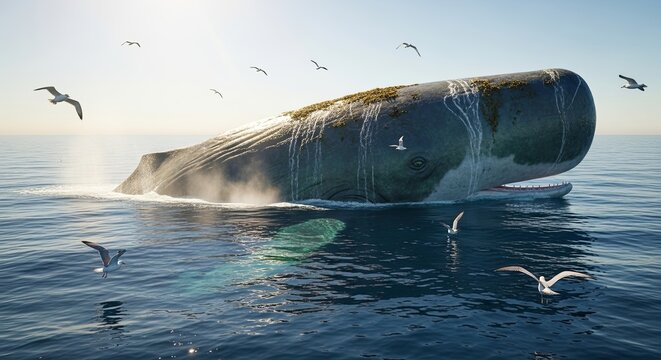 Sperm Whale Breaching the Ocean Surface with Seagulls Circling.