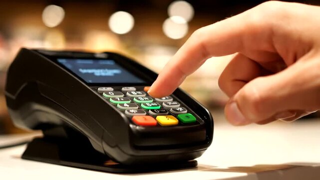 Close up of a hand entering a pin code on a modern black pos terminal for payment transactions in