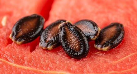  Macro Close-up of Fresh Black Watermelon Seeds in Ripe Red Flesh