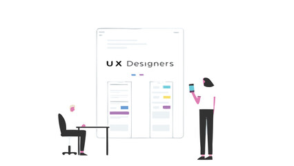 Ux designers collaborate on digital interface design arranging shapes text and vibrant colors to create a user friendly and visually appealing product layout