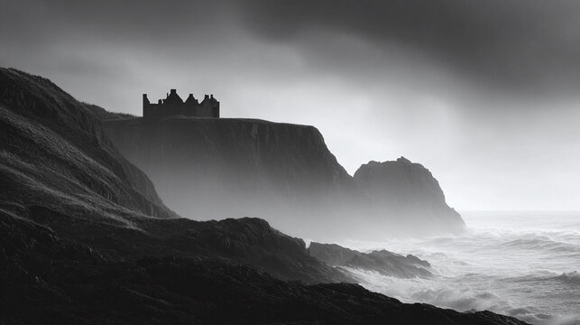 Ethereal monochrome landscape featuring a silhouette of a castle ruin perched atop dramatic cliffs overlooking a stormy sea. Perfect for conveying mystery, history, and strength. - Powered by Adobe