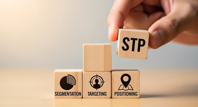 Hand placing wooden cube with stp acronym on blocks representing segmentation, targeting, and positioning strategy - Powered by Adobe
