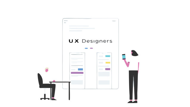 Ux designers collaborate on digital interface design arranging shapes text and vibrant colors to create a user friendly and visually appealing product layout