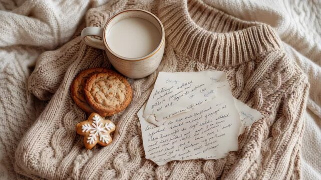 cozy festive flat lay: knit sweater in mocha tones, hot drink, cookies, and handwritten holiday notes 