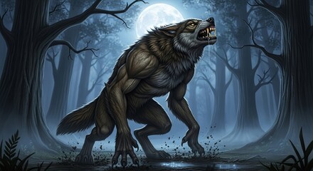 Werewolf Howling at the Moon in Dark Forest Illustration.