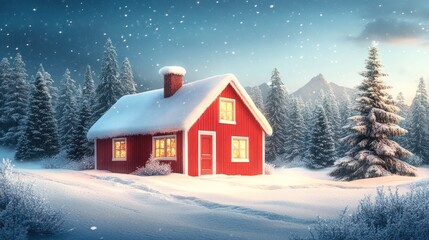 Naklejka premium Cozy red cabin in snowy mountain forest at dusk; Christmas card