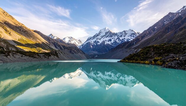 A stunning glacial lake with vibrant turquoise water reflects snow-capped mountains and a dramatic sky with wispy clouds.