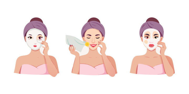 Girl doing skincare set. Collection of woman applying facial sheet mask on her face for hydrated skin. Beauty and hygiene, self care concept. Vector illustration. See Less
