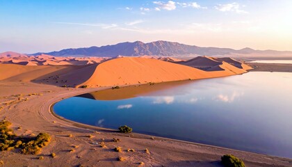An aerial view captures a tranquil desert landscape featuring vibrant orange sand dunes surrounding a calm, reflective lake, with distant mountains on the horiz