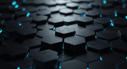 Abstract futuristic background with dark hexagonal pattern. 3D geometric surface with glowing blue neon lights. Modern technology and network concept