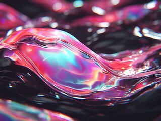 Iridescent liquid waves ripple with neon pink and blue light, creating a surreal close-up of shifting color, fluid reflections, and mesmerizing luminous motion