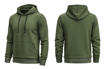Blank olive green hoodie mockup, front and back view. Unisex sweatshirt template with drawstring and kangaroo pocket for military style apparel design. Isolated on transparent background, png