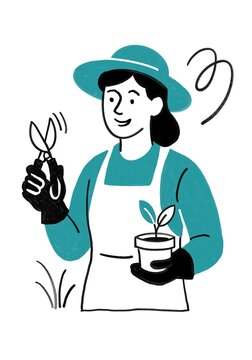 Mujer jardinera cuidando plantas con tijeras de podar y sombrero, ilustraci&oacute;n minimalista de trabajo en jardiner&iacute;a y cultivo