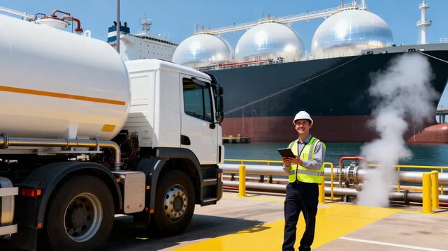 Worker inspecting safety features on tanker with storage tanks in view