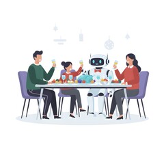 human and robot enjoying a Christmas feast at a modern dining table