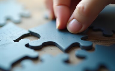 Close-up of hand placing puzzle piece, highlighting business strategy, collaborative solution concept. High quality
