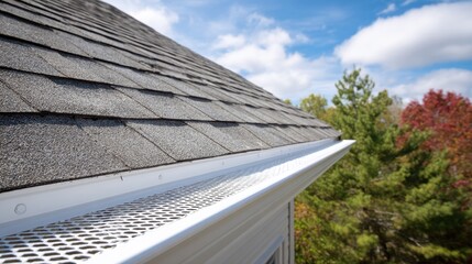 Stunning photo of gutter guard system featuring white framing, gray fascia, soffit, and drip edge on a pitched roof attic of a high-end single-family residence.