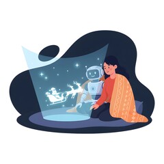 human and robot sharing a blanket while watching a holographic projection of Santa and reindeers flying