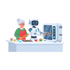robot assistant helping a human grandmother bake traditional Christmas cookies