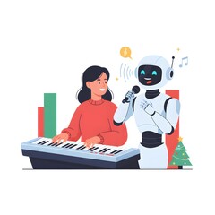  human musician playing a synth-keyboard while a robot sings a Christmas carol with perfect pitch