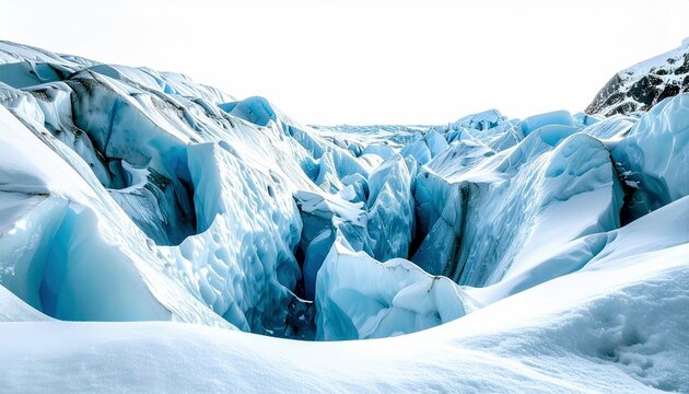 A close-up view of a glacier reveals intricate formations of blue ice and deep crevasses, with snow covering the surrounding landscape.