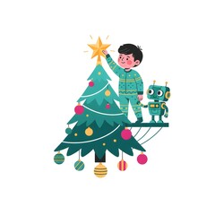 human child and robot companion carefully placing the final star ornament on a suspended