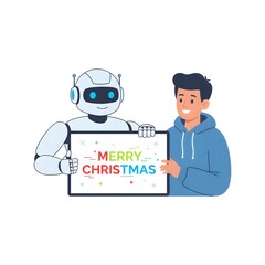 robot friend holding a personalized digital "Merry Christmas" greeting board for a human