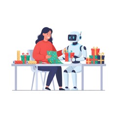 human teaching a robot how to wrap Christmas presents