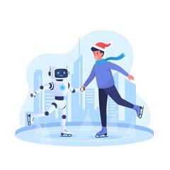 Christmas flat vector, human and robot ice skating on a glowing rink