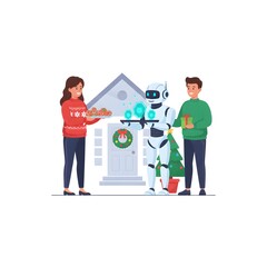 human and robot neighbors exchanging platters of holiday treats