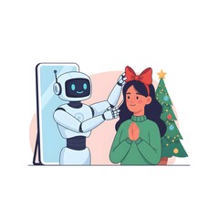 robot using its mechanical arm to precisely adjust a decorative bow on a human's hair/clothing for a Christmas party