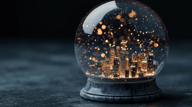 surreal snow globe with tiny glowing city inside, floating mid-air in dark minimal space